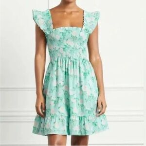 HILL HOUSE ELIZABETH‎ NAP DRESS GREEN SMOCKED FLORAL RUFFLED SIZE S